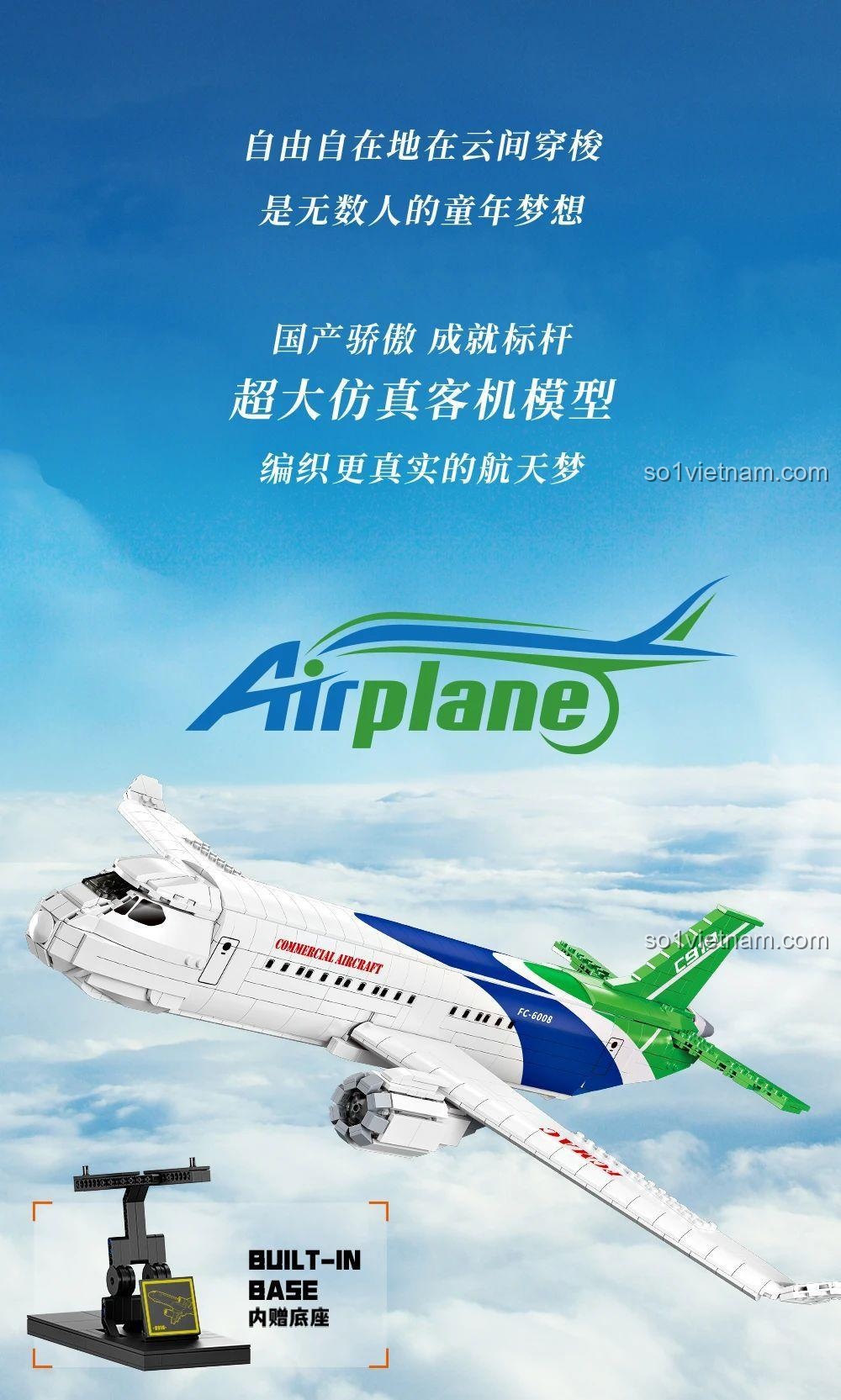 Máy bay chở khách Forange FC6008, đồ chơi mô hình Máy bay dân dụng, có đế trưng bày, giá rẻ cho bé trai 6 tuổi