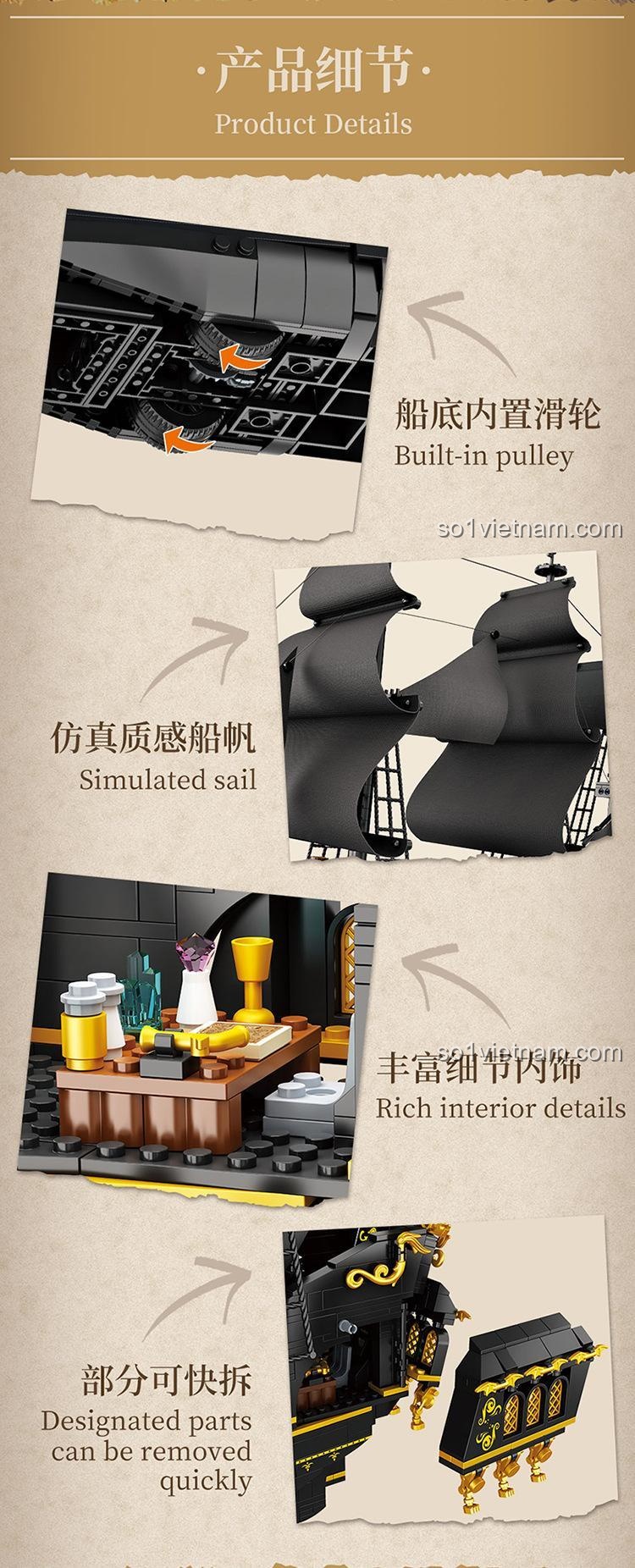 Chi tiết nội thất và buồm mô phỏng chân thực của đồ chơi mô hình Forange FC6010 Thuyền Hải Tặc Hắc Trân Châu, giá trị cao cho bé trai 6 tuổi