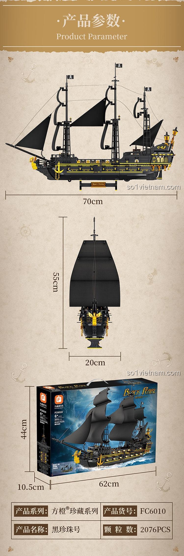 Thông số kỹ thuật của bộ đồ chơi Forange FC6010 Thuyền Hải Tặc Hắc Trân Châu, 2076 mảnh ghép, kích thước 70x20x55cm, hộp 62x44x10.5cm