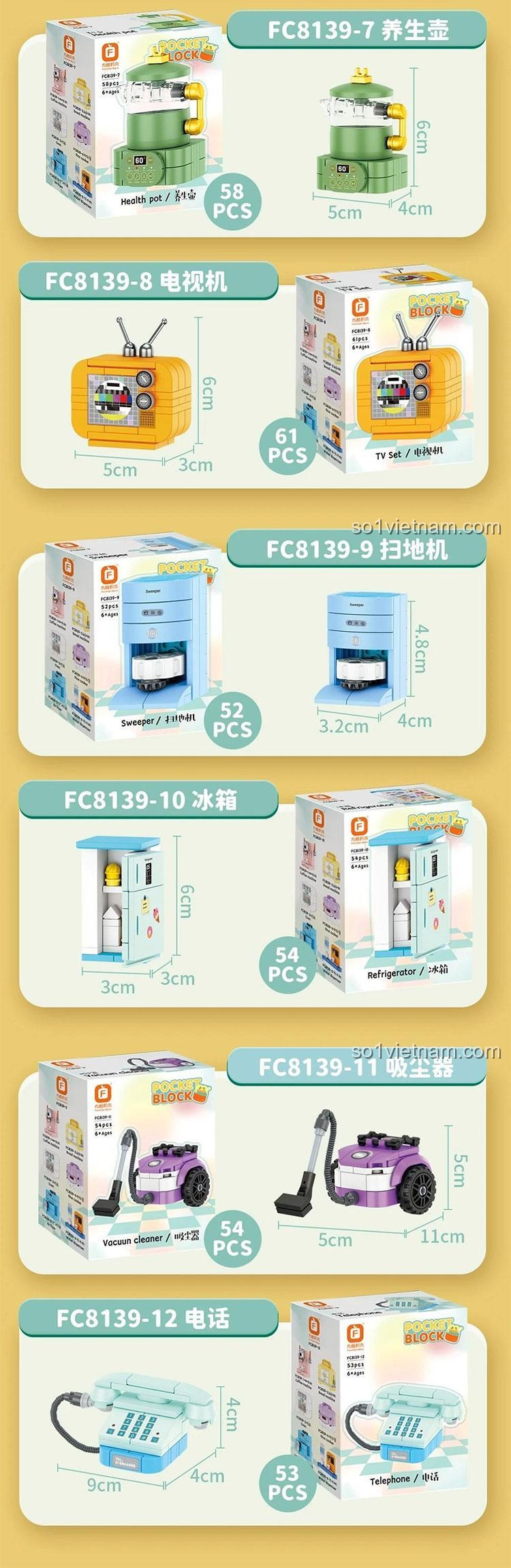 Kích thước từng mẫu đồ gia dụng Forange FC8139, bộ đồ chơi lắp ráp 12 Mẫu Đồ Gia Dụng Mini với 660 chi tiết