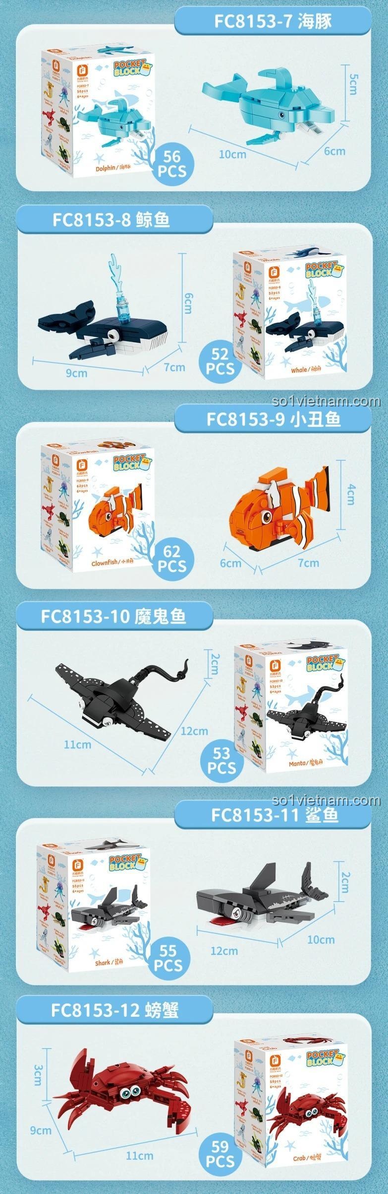 Forange FC8153 bộ lắp ghép, thông tin sản phẩm mực, cá đèn lồng, cá heo, kích thước chi tiết, Bộ sưu tập động vật biển 8153.