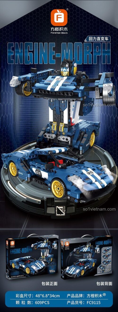 Hộp sản phẩm bộ lắp ghép Forange FC9115 Engine Morph Biến Hình - Xe Ford GT và Robot, 609 chi tiết, đồ chơi Technic cho bé trai 6 tuổi