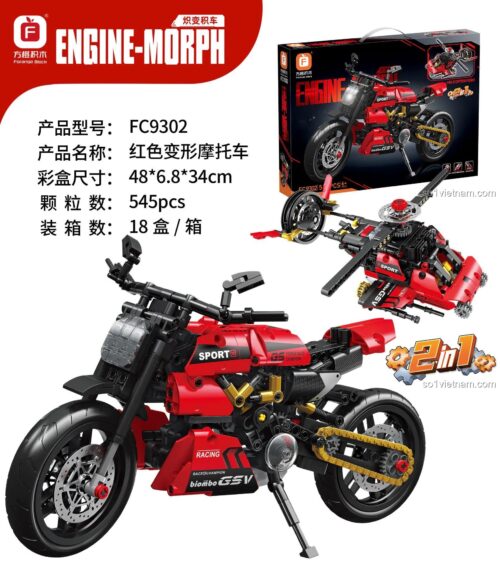 Hộp sản phẩm đồ chơi mô hình Forange FC9302, lắp được 2 kiểu xe mô tô và trực thăng, món quà thông minh cho bé trai.