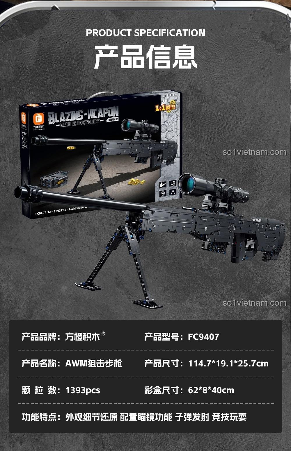 Mô hình súng trường AWM FC9407 Forange có chức năng bắn đạn nhựa, tỉ lệ 1:1, chân chống gấp gọn, ống ngắm tháo rời, băng đạn tháo rời, khóa nòng, dành cho bé trai 6 tuổi