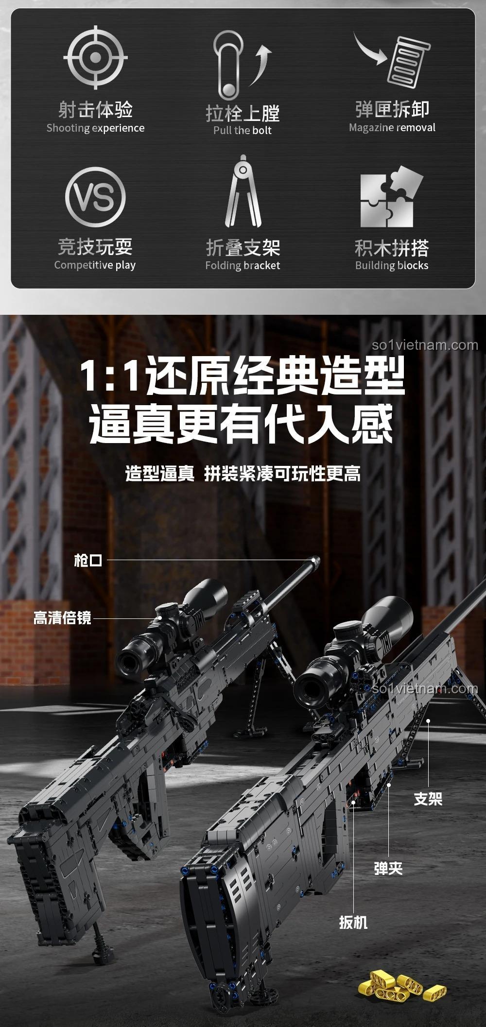 Chi tiết lắp ráp của mô hình súng trường AWM FC9407 Forange, 1393 mảnh, tỉ lệ 1:1, có thể bắn đạn nhựa, chân chống gấp gọn, ống ngắm tháo rời, dành cho bé trai 6 tuổi