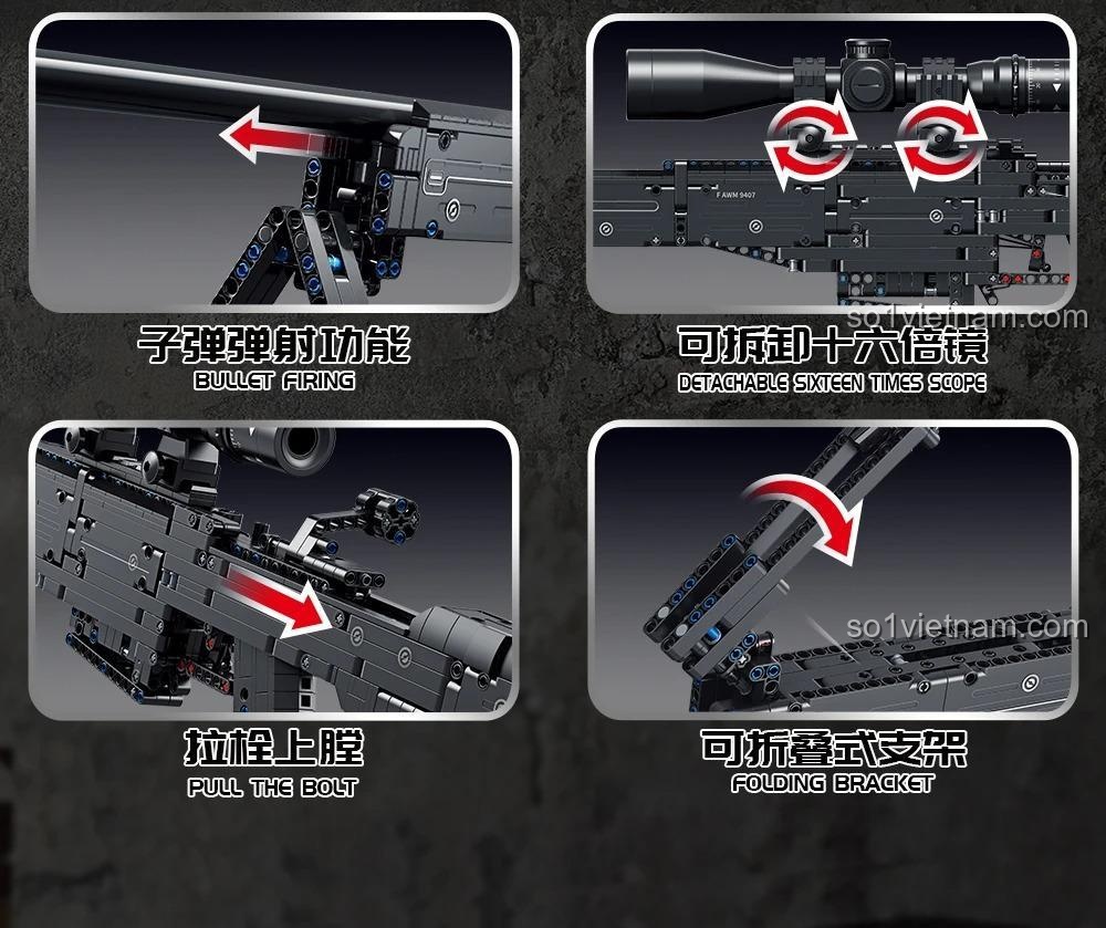 Mô hình súng trường AWM FC9407 Forange với chân chống được gấp gọn, tỉ lệ 1:1, có thể bắn đạn nhựa, ống ngắm tháo rời, dành cho bé trai 6 tuổi