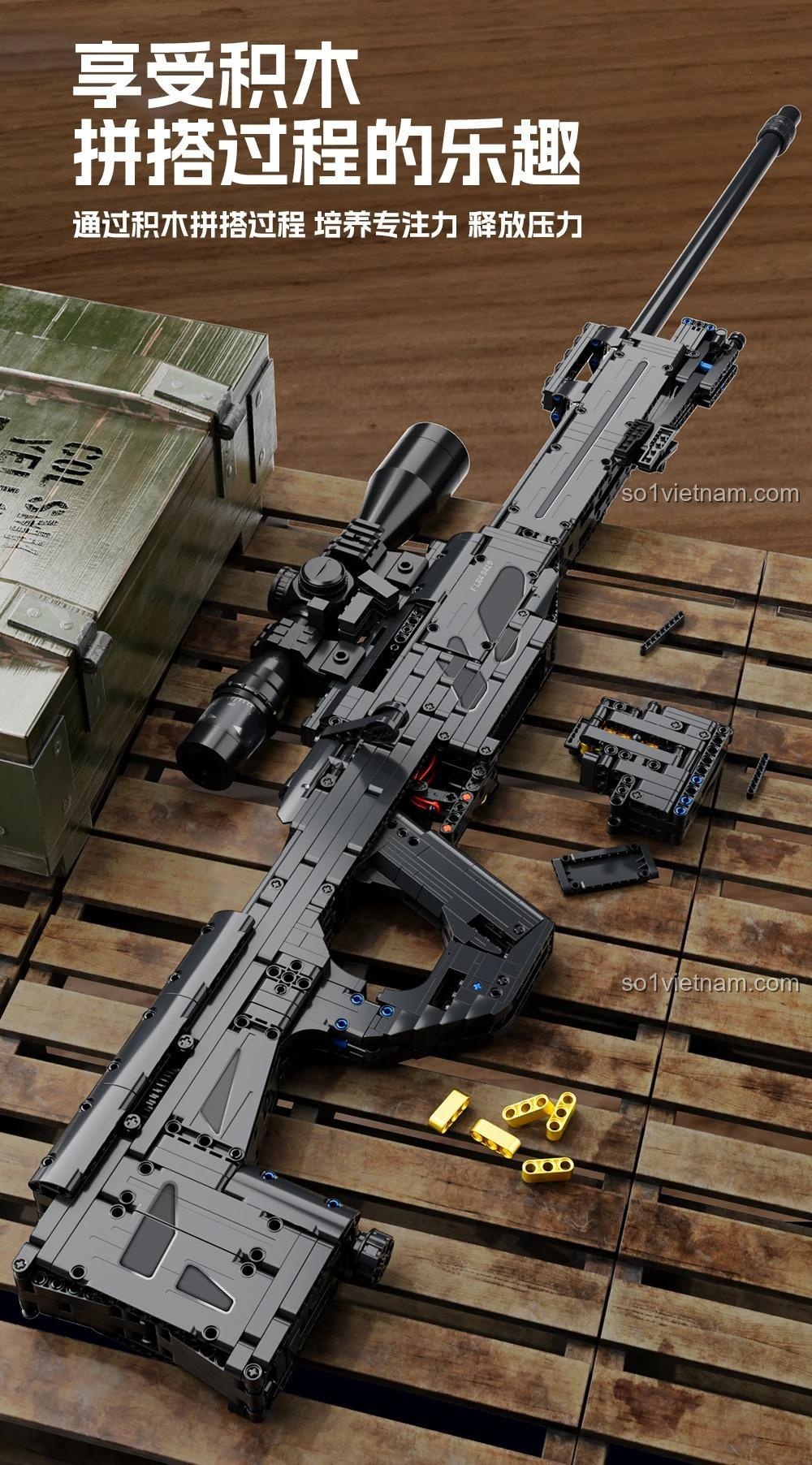 Mô hình súng trường AWM FC9407 Forange với cơ chế kéo khóa nòng, tỉ lệ 1:1, có thể bắn đạn nhựa, chân chống gấp gọn, ống ngắm tháo rời, băng đạn tháo rời, dành cho bé trai 6 tuổi