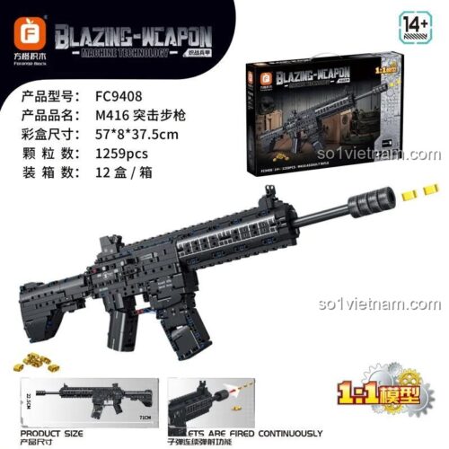 Hộp bộ lắp ghép Forange FC9408 Súng M416 lắp ráp, có thông tin số chi tiết 1259 mảnh, dành cho con trai 14 tuổi.