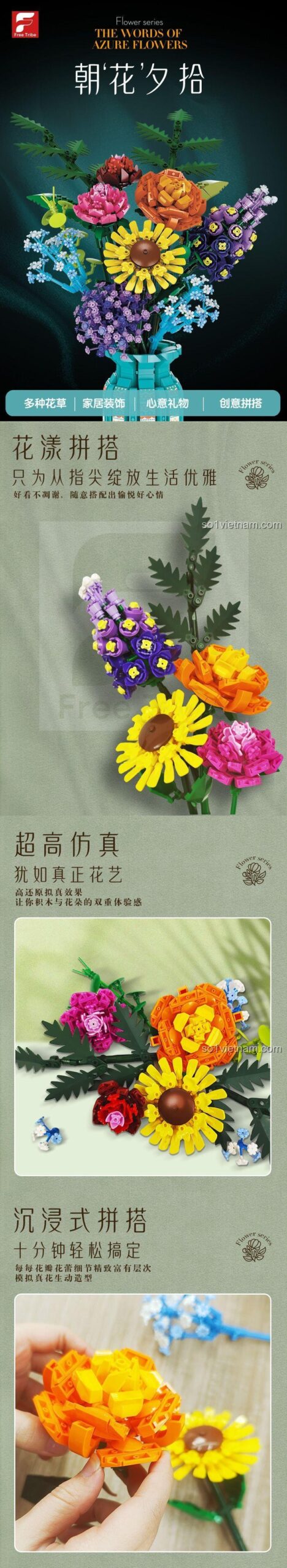 Cận cảnh các chi tiết hoa được lắp ráp từ bộ Free Tribe 11001, thể hiện sự tinh xảo và màu sắc rực rỡ của bình hoa "The Words Of Azure Flowers".