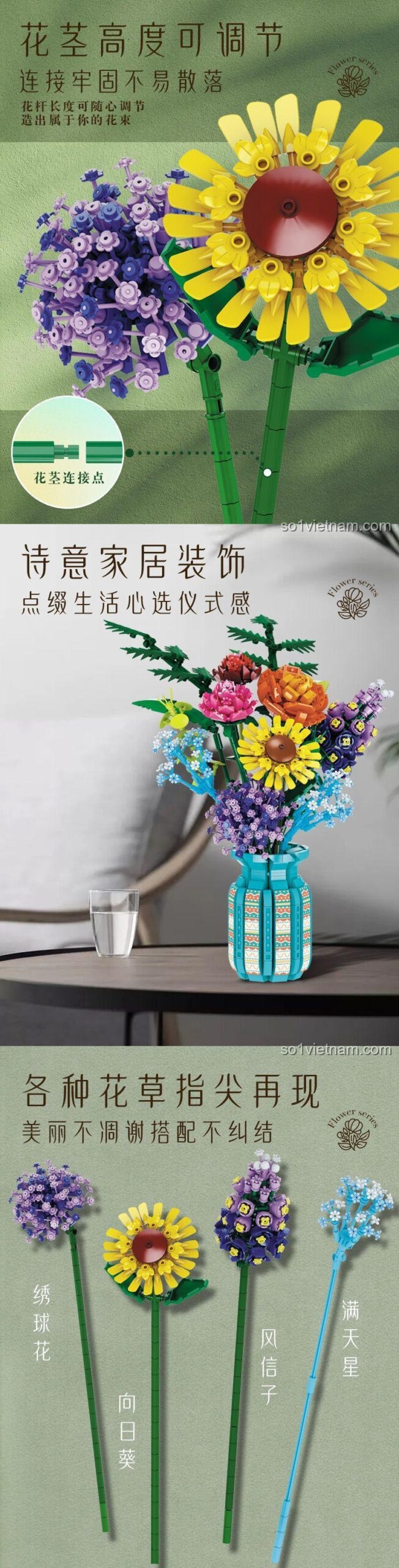 Quá trình lắp ráp các bông hoa cho bình "The Words Of Azure Flowers" từ bộ Free Tribe 11001, cho thấy sự tỉ mỉ và sáng tạo trong từng chi tiết.