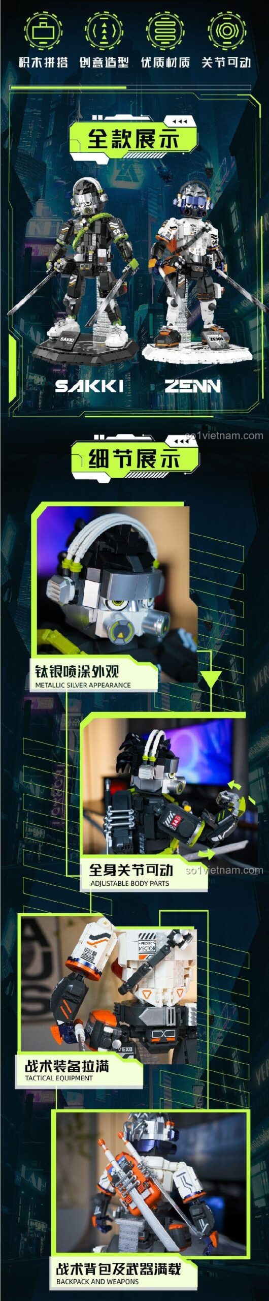 Hai mô hình Chiến Binh Cơ Khí SAKKI và ZENN từ Project Vector Warrior, đồ chơi lắp ráp W9005 và W9006, thiết kế tương lai