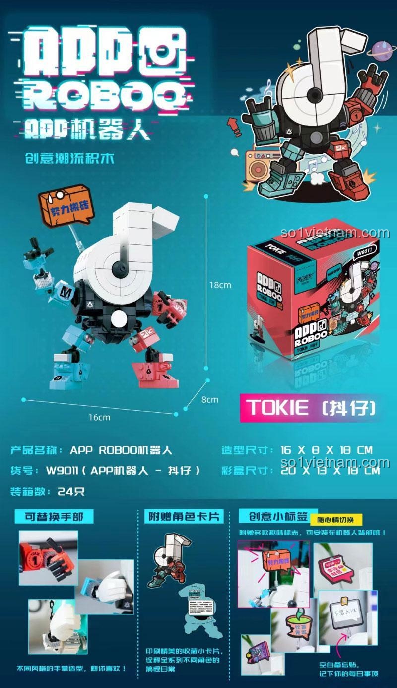 W9011 Robot App TOKIE Dǒu Zǎi, đồ chơi xây dựng Robot điều khiển App, thể hiện kích thước 16x8x18cm, tính năng điều khiển qua app, tùy chỉnh biểu cảm, phù hợp bé 8 tuổi.