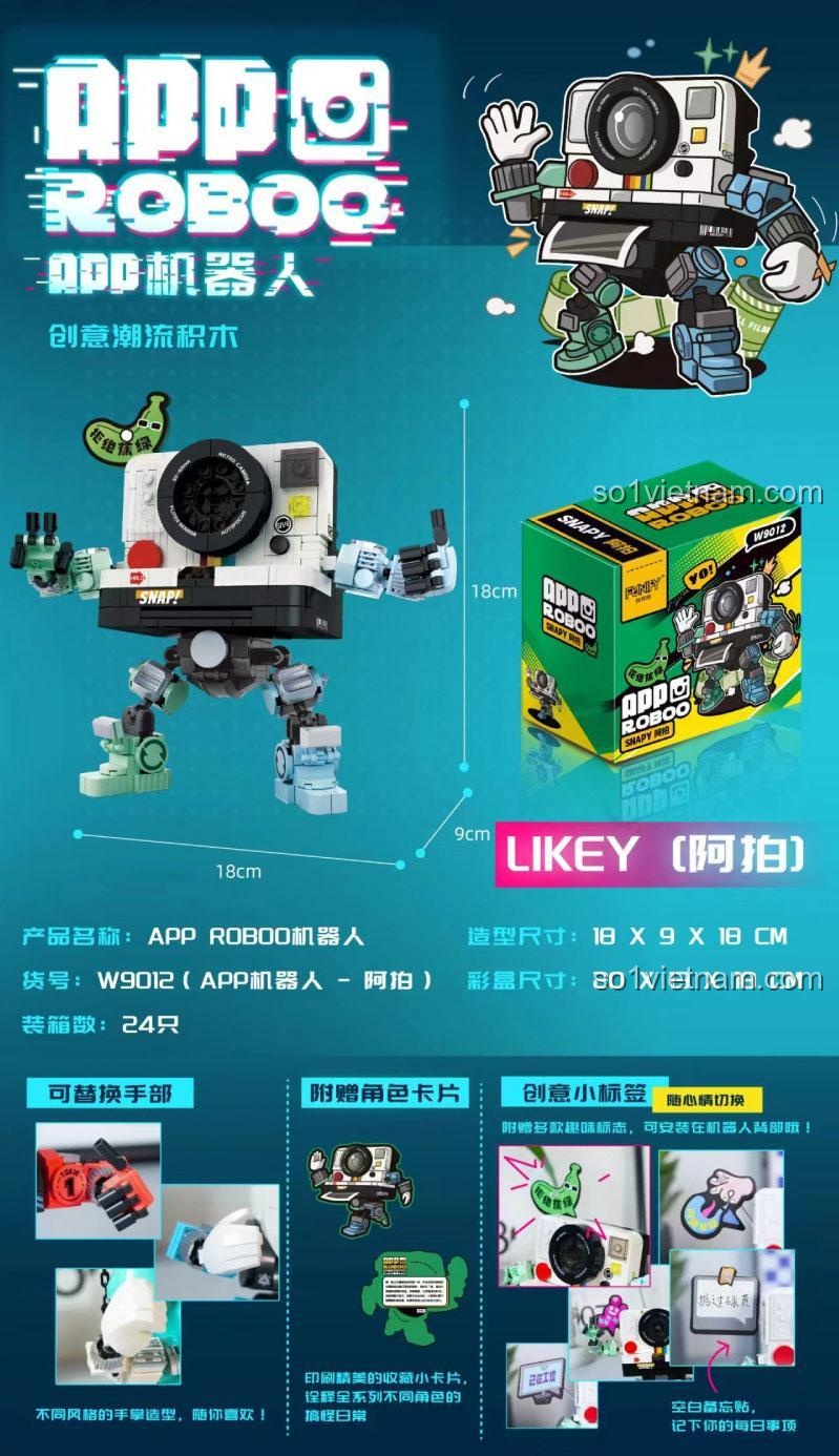 Ảnh mô tả kích thước và tính năng của đồ chơi lắp ráp Robot App Snapy A PAI W9012 đồ chơi mô hình FUNIFY W9012, đồ chơi mô hình Robot máy ảnh kết nối điện thoại, tay có thể thay đổi.