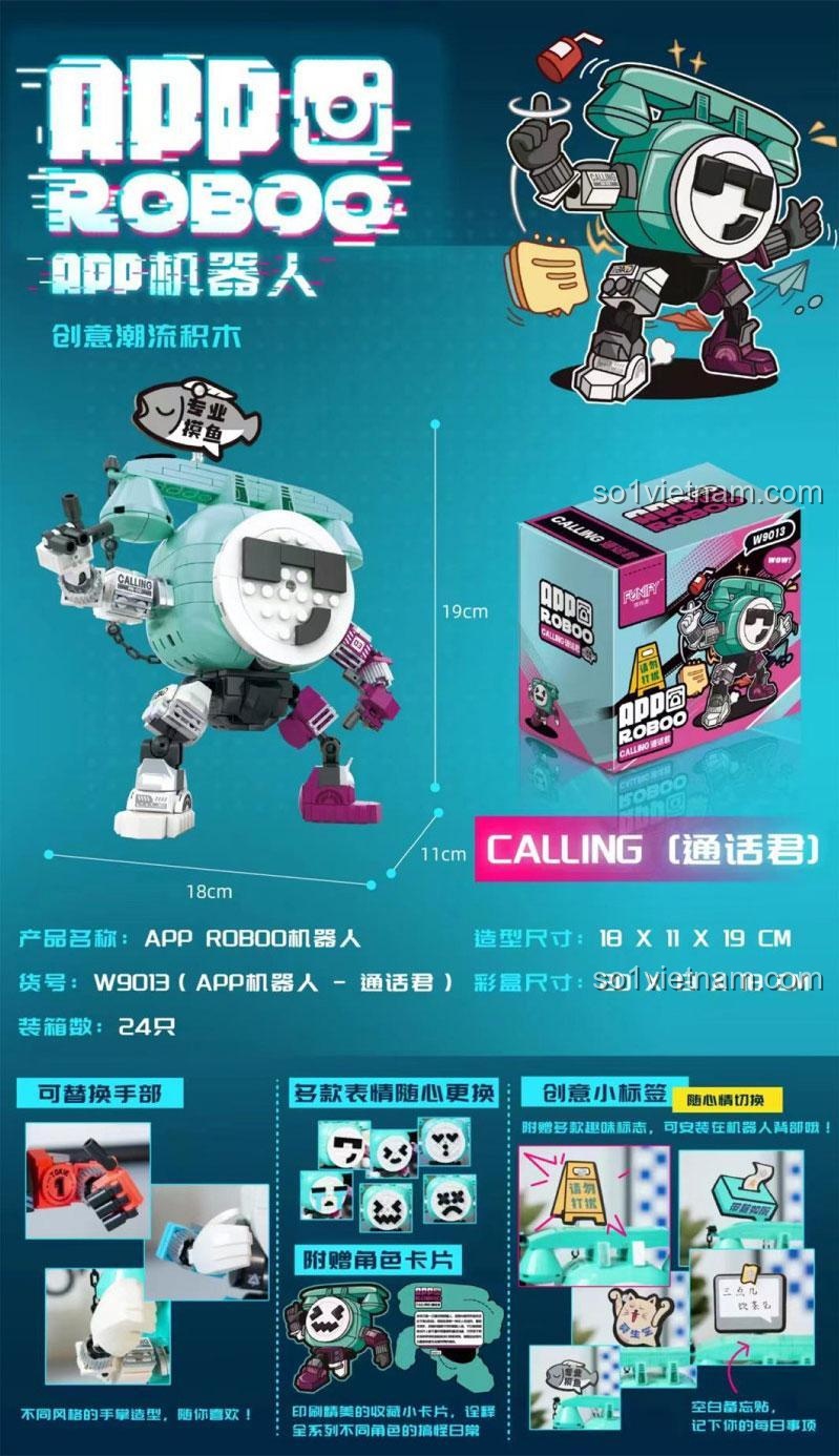 Chi tiết tính năng và kích thước của bộ lắp ghép Robot APP Calling FUNIFY W9013, đồ chơi mô hình Robot thông minh với tay thay thế, phù hợp bé trai 8 tuổi.