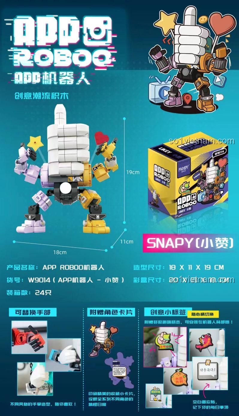Mô tả chi tiết đồ chơi mô hình FUNIFY W9014 Robot Likey Tiểu Tán, kích thước 18x11x19cm, tính năng tay có thể thay thế, đồ chơi giáo dục cho bé trai 8 tuổi