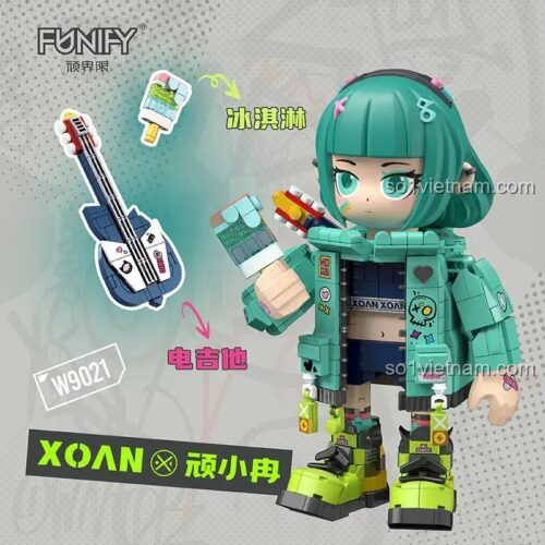 Bộ lắp ghép AI Vũ Trụ Thiếu Nữ XOAN FUNIFY W9021 với phụ kiện đàn guitar điện và kem que, chi tiết sắc nét, màu sắc tươi sáng