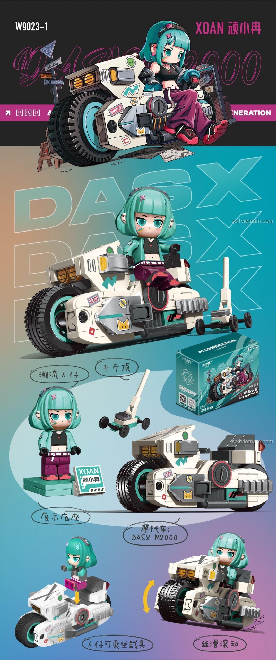 Chi tiết đồ chơi lắp ráp FUNIFY W9023 Xe mô tô AI của XOAN, có minifigure ngồi được, bánh xe trượt mượt mà, rèn luyện khéo léo ngón tay