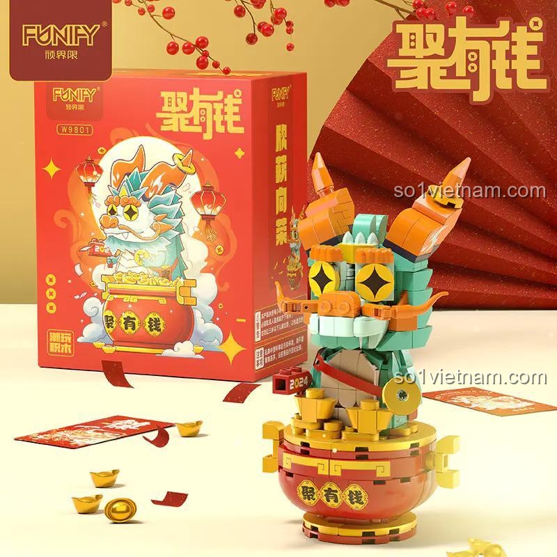 Mô hình Rồng Thần Tụ Hữu Tiền FUNIFY W9801 trang trí bàn làm việc, bộ xếp hình Rồng Thần chiêu tài, mang lại may mắn, cho thanh niên 14 tuổi, giá bình dân.