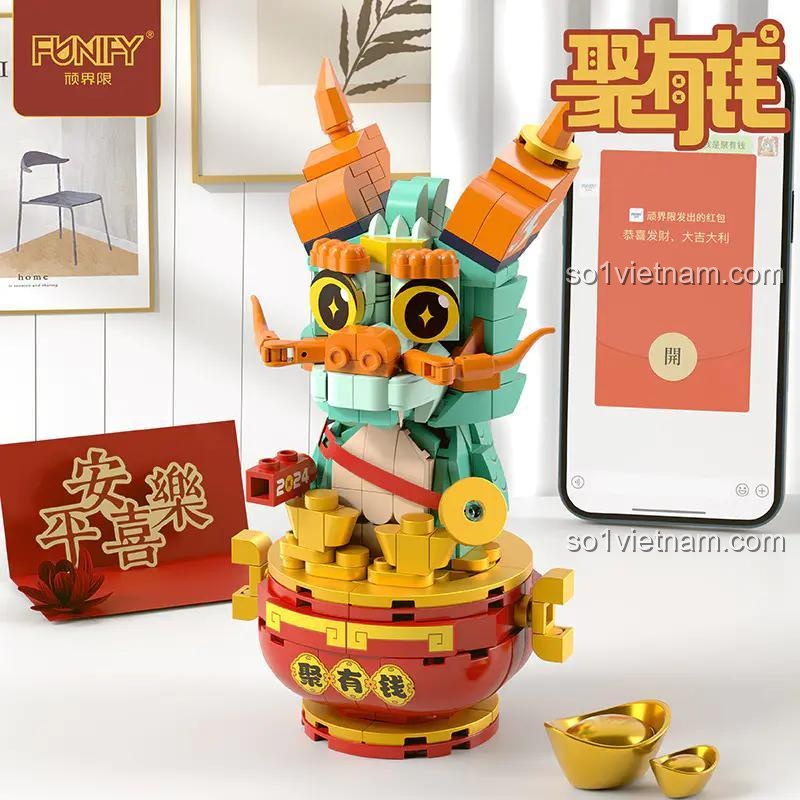 Hộp đồ chơi xây dựng Mô hình chiêu tài lộc FUNIFY W9801, linh vật Rồng năm 2024, quà tặng Tết Nguyên Đán cho thanh niên 14 tuổi, giá hời.