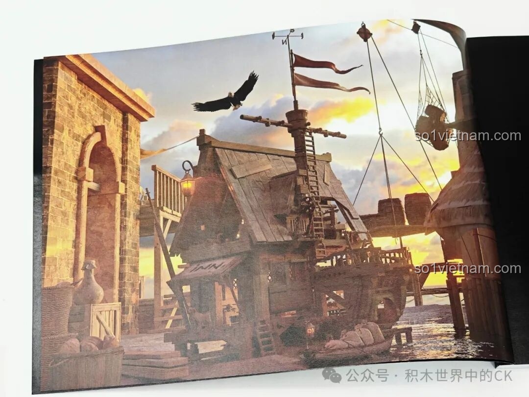 Hình ảnh minh họa bối cảnh quán rượu bến tàu thời Trung Cổ trong sách hướng dẫn Funwhole F9011.