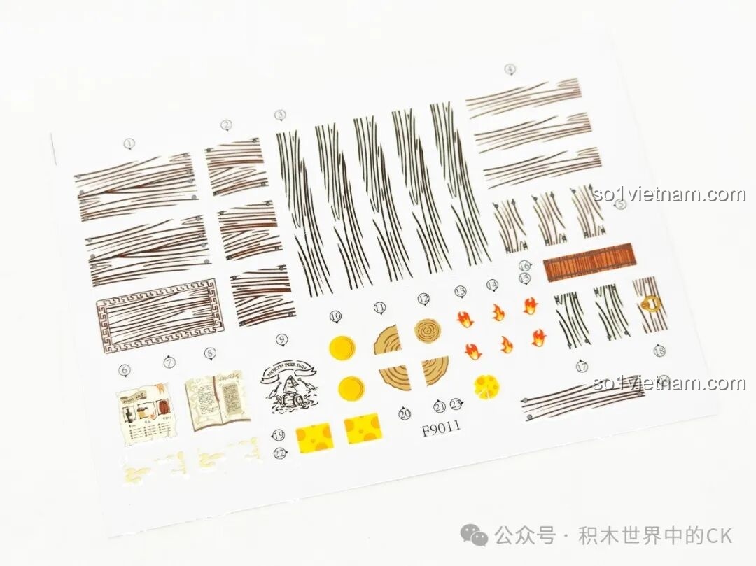 Tờ sticker với các họa tiết gỗ, lửa, phô mai và các chi tiết nhỏ khác cho Funwhole F9011.