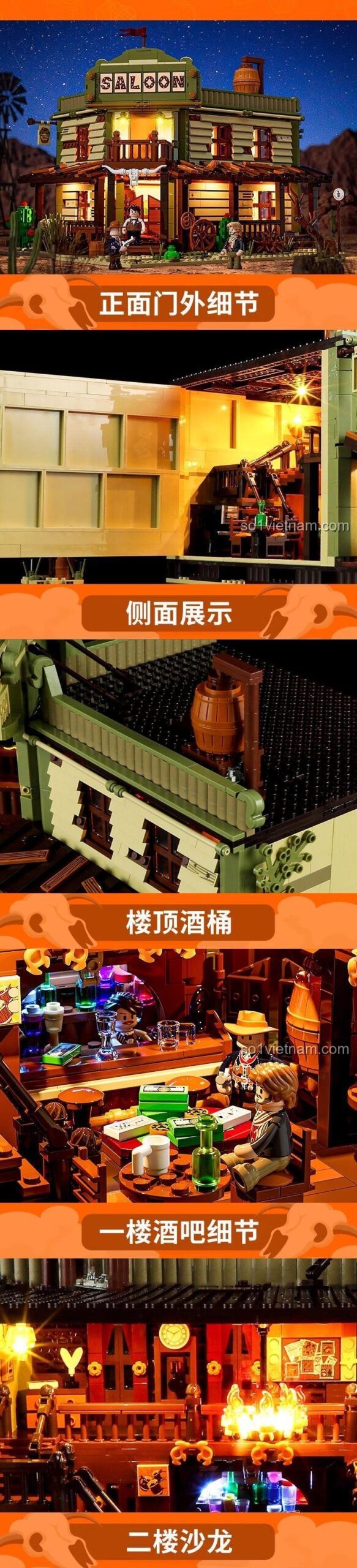 Đồ chơi mô hình FunWhole F9021 Saloon Miền Tây với đèn LED và nội thất chi tiết, bộ lắp ghép chất lượng cao, phù hợp con trai 16 tuổi.