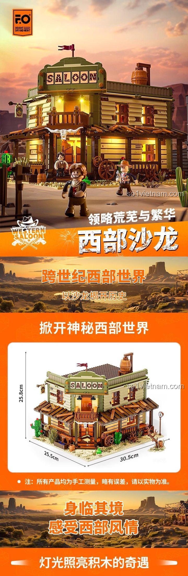 Mô hình Saloon Miền Tây FunWhole F9021, bộ xếp hình kiến trúc có đèn LED, kích thước chi tiết, đáng tiền cho con trai 16 tuổi.
