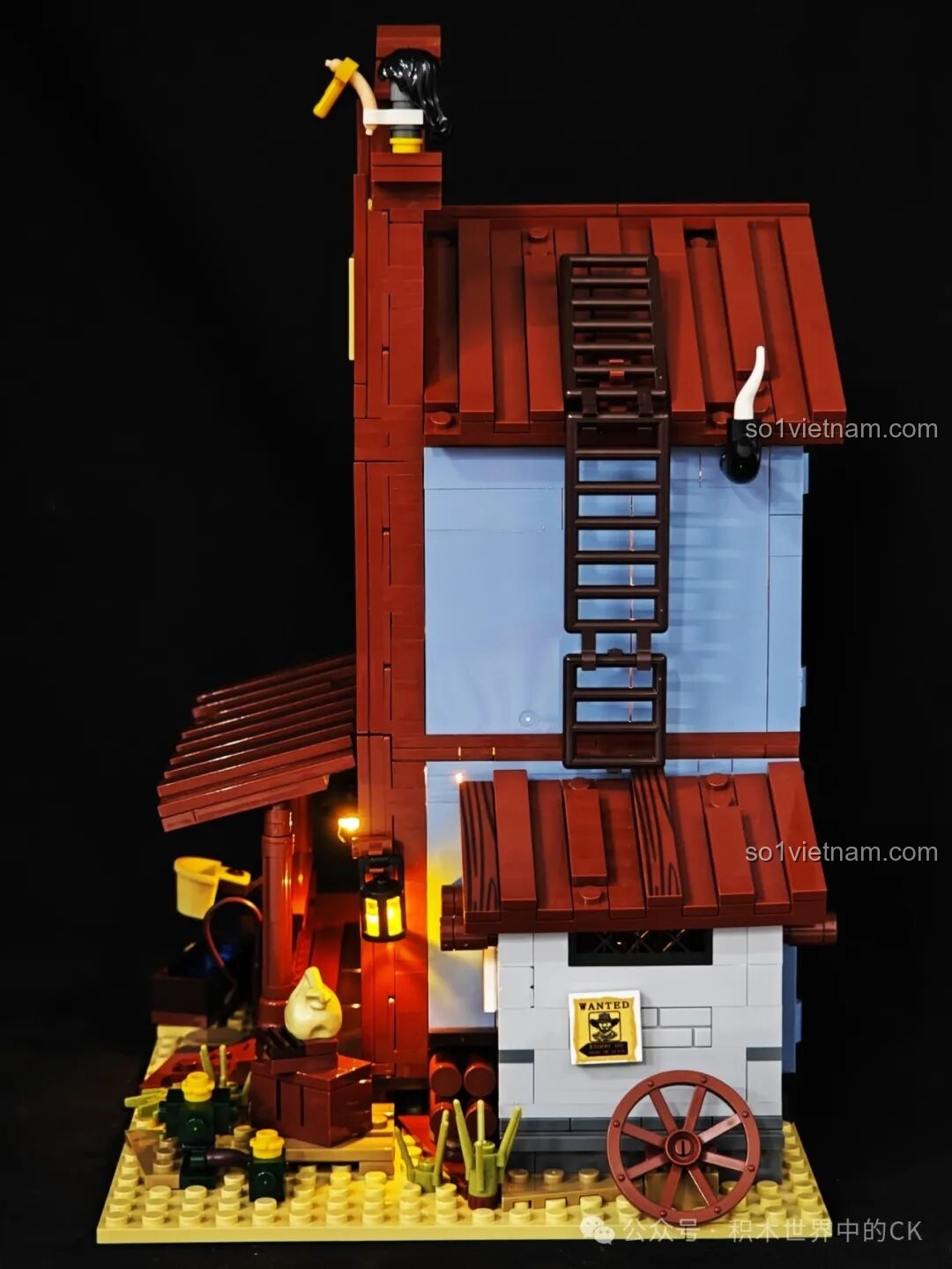 Góc nhìn bên hông mô hình FunWhole F9026 Văn phòng Cảnh sát trưởng Miền Tây với đèn LED và cầu thang.