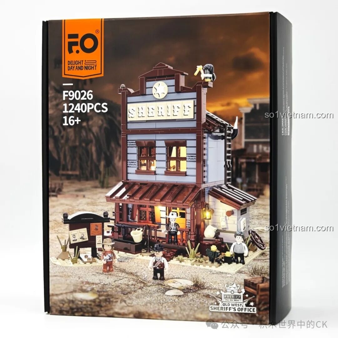 Hộp sản phẩm bộ lắp ghép FunWhole F9026 Văn phòng Cảnh sát trưởng Miền Tây với hình ảnh mô hình hoàn chỉnh và thông số kỹ thuật.