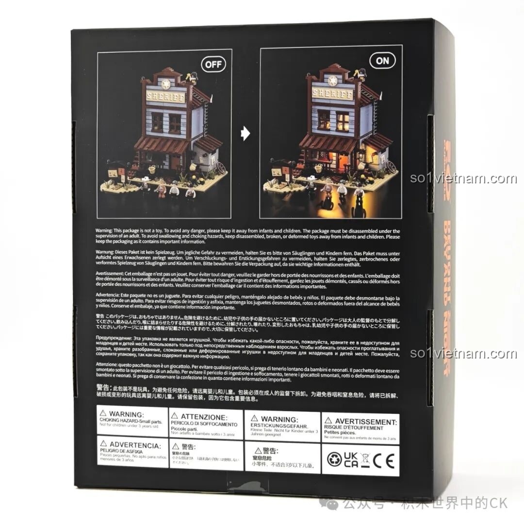 Mặt sau hộp bộ lắp ghép FunWhole F9026 Văn phòng Cảnh sát trưởng Miền Tây hiển thị hiệu ứng đèn LED bật/tắt và thông tin an toàn.