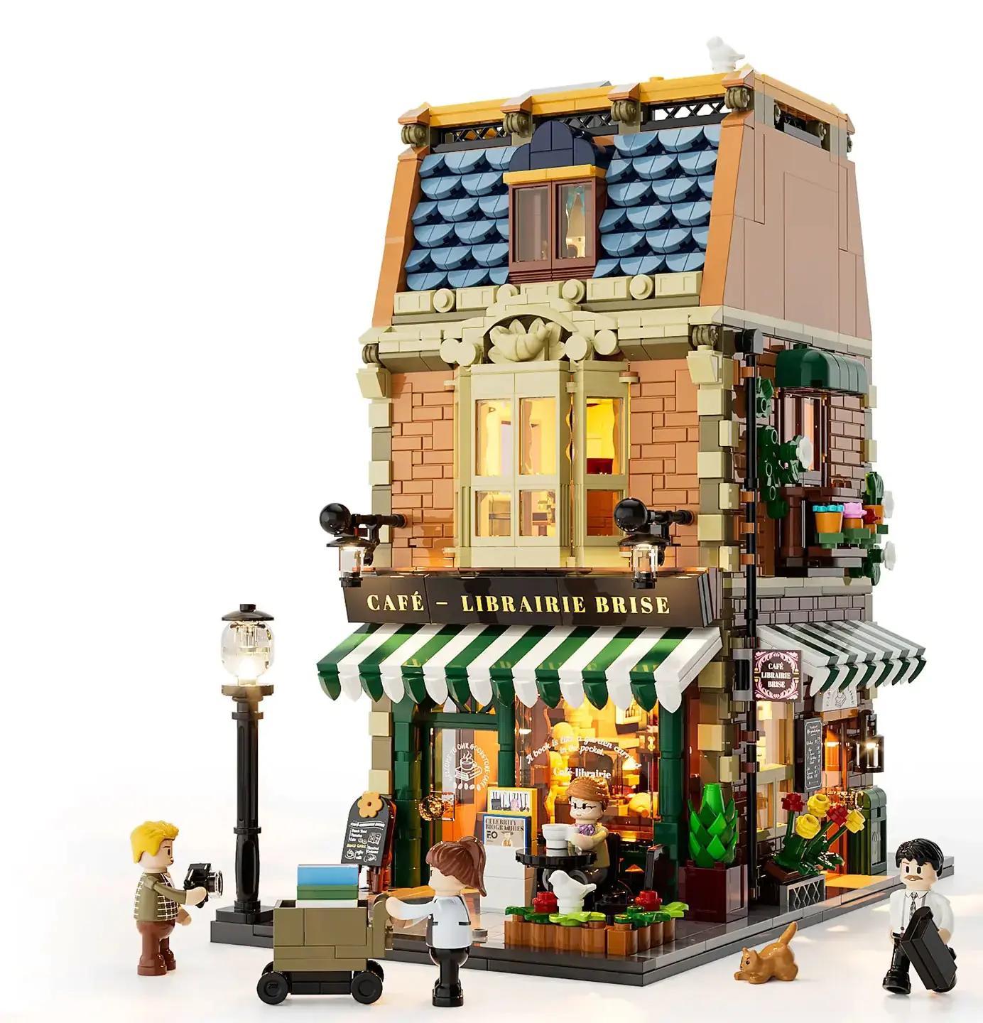 Bộ lắp ghép Tiệm Cà Phê Sách FunWhole F9031, mô hình kiến trúc châu Âu với 4 minifigures và đèn LED. Đồ chơi sáng tạo cho thanh niên 16 tuổi.