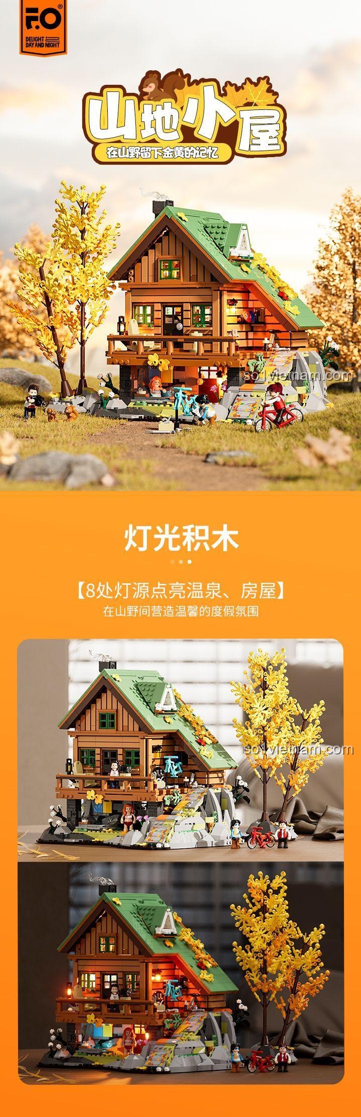 Poster quảng cáo bộ lắp ghép FunWhole F9035 Ngôi nhà gỗ trên núi, nhấn mạnh đây là bộ xếp hình có đèn LED.