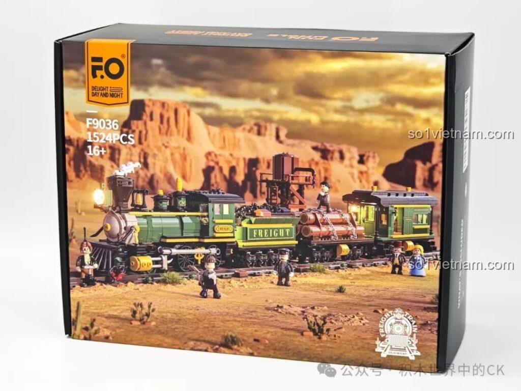 Hộp sản phẩm Funwhole F9036 Tàu Hỏa Vận Chuyển Hàng Hóa Miền Tây với hình ảnh đoàn tàu trên sa mạc.