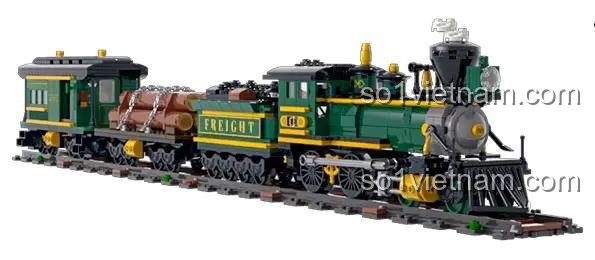 Tàu Hỏa Vận Chuyển Hàng Hóa Miền Tây Funwhole F9036 - Góc nhìn ngang của mô hình tàu hỏa hơi nước với toa chở gỗ và toa hành khách