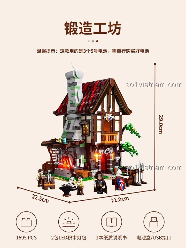 Ảnh thể hiện kích thước chi tiết của mô hình Funwhole F9040 sau khi lắp ráp: cao 29cm, dài 22.5cm, rộng 21cm.