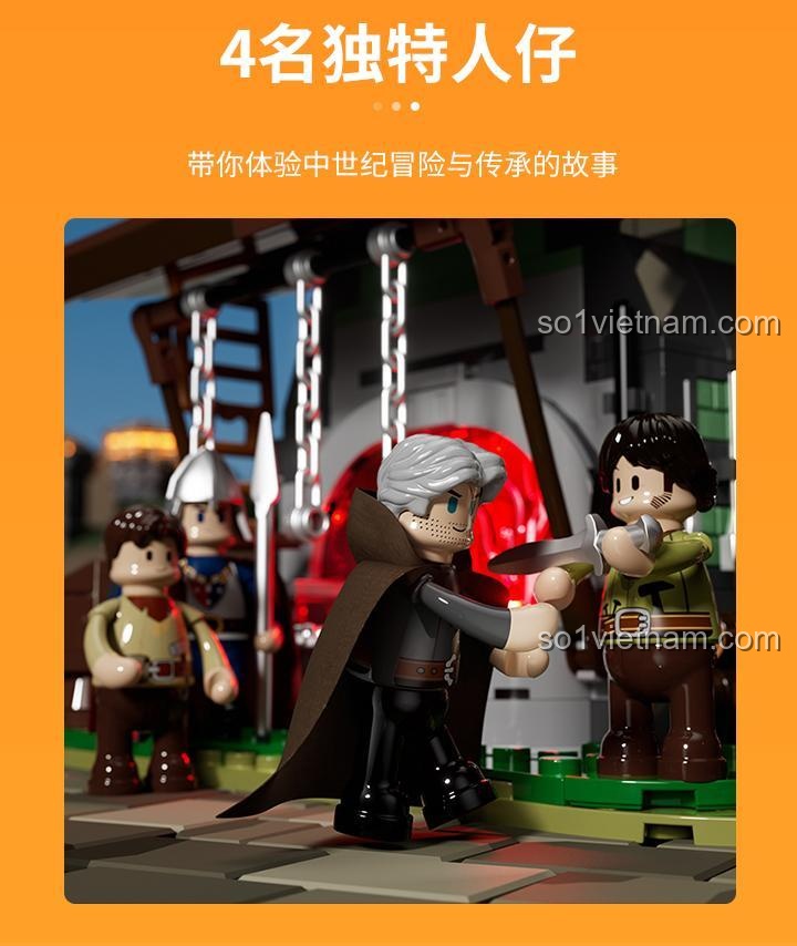 Cận cảnh 4 minifigure độc đáo đi kèm bộ đồ chơi xây dựng Funwhole F9040, sẵn sàng cho cuộc phiêu lưu trung cổ.