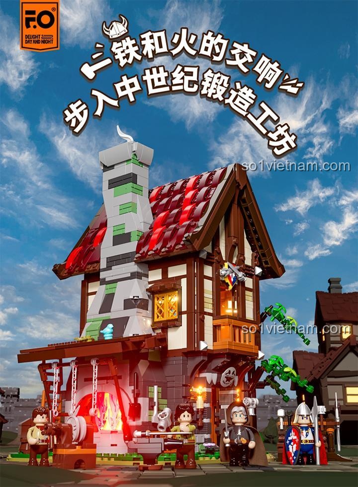 Poster quảng cáo cho bộ đồ chơi Funwhole F9040 Ngôi nhà thợ rèn thời trung cổ, với dòng chữ 'Bản giao hưởng của sắt và lửa'.
