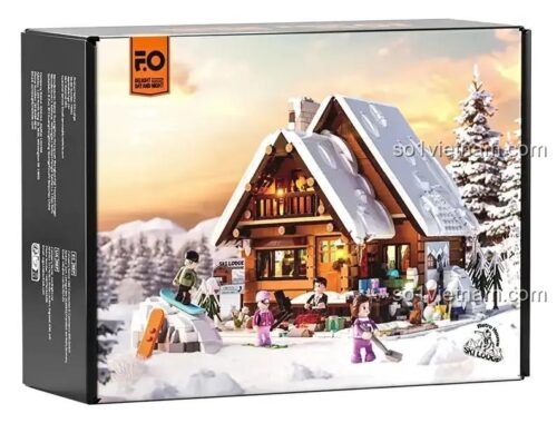 Toàn cảnh bộ lắp ghép Mô hình Nhà Gỗ Trượt Tuyết FunWhole F9041 với 4 minifigures đang vui chơi trong khung cảnh mùa đông, phù hợp cho thanh niên 16 tuổi.