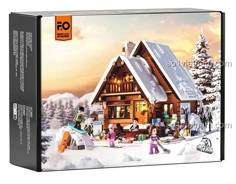 Toàn cảnh bộ lắp ghép Mô hình Nhà Gỗ Trượt Tuyết FunWhole F9041 với 4 minifigures đang vui chơi trong khung cảnh mùa đông, phù hợp cho thanh niên 16 tuổi.