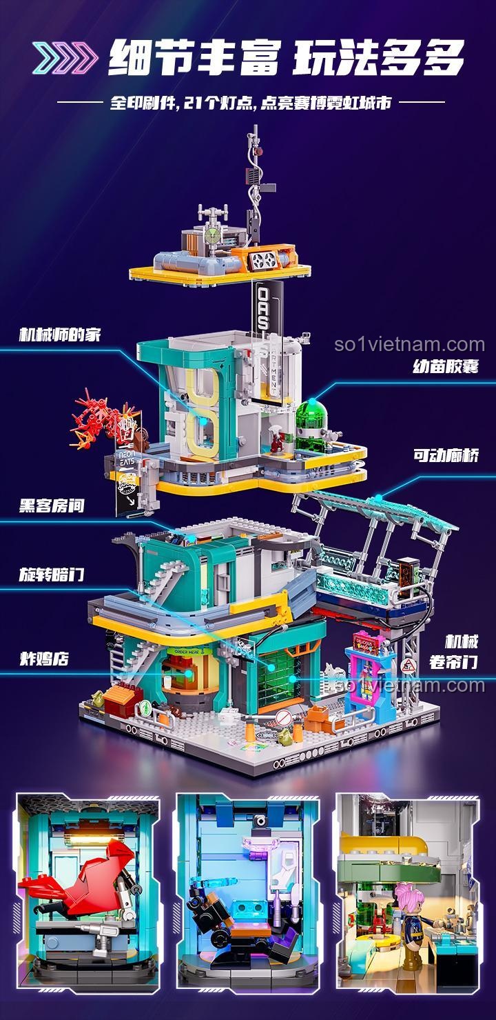 Đồ chơi mô hình Thành Phố Neon Ốc Đảo F9042 với hệ thống cấp điện mô-đun, tương thích nhiều sản phẩm.