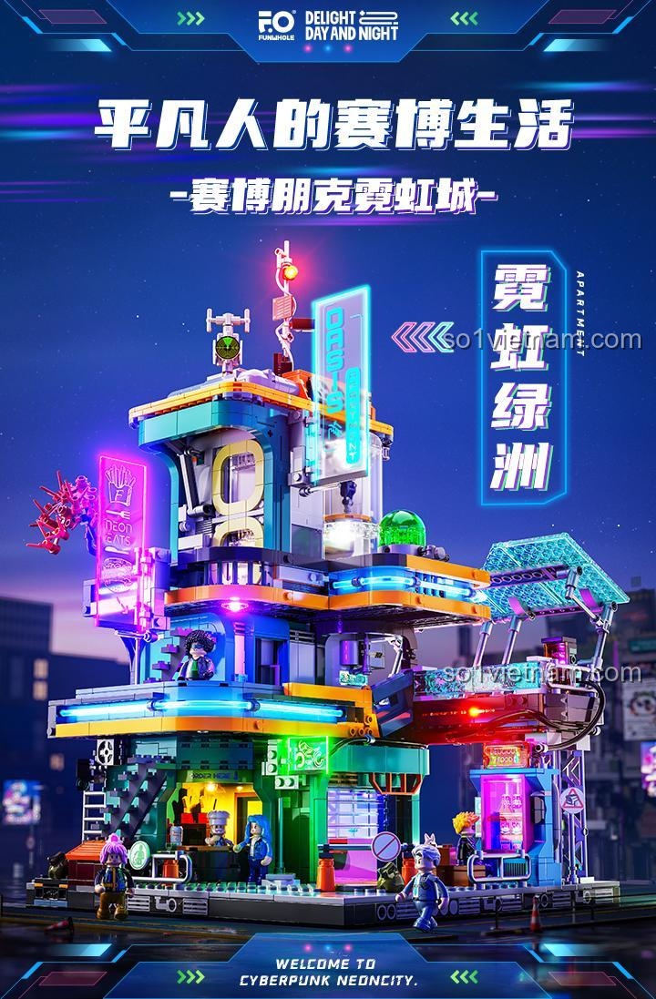 Đồ chơi xây dựng Mô Hình Thành Phố Cyberpunk F9042 sống động cả ngày lẫn đêm, mang đến trải nghiệm cuộc sống cyberpunk chân thực.