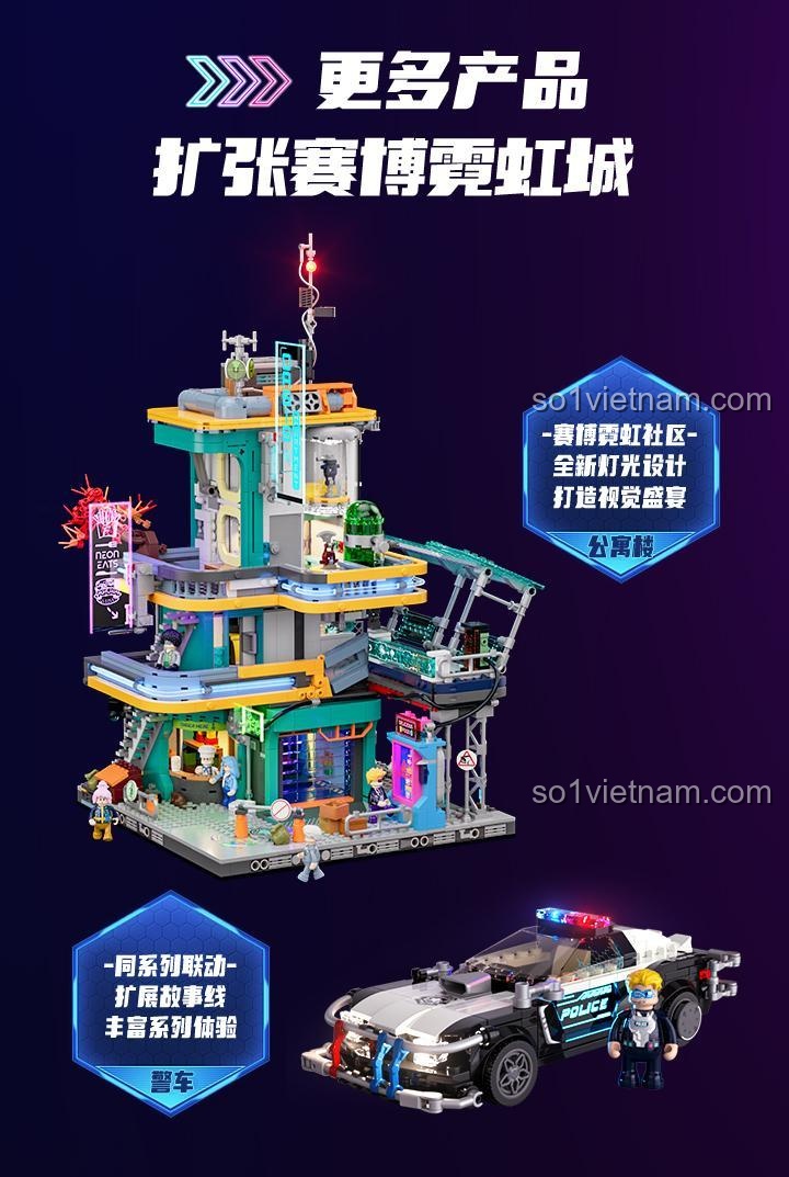 Tòa Nhà Căn Hộ Ốc Đảo Neon FunWhole F9042 hiển thị thông số kỹ thuật, kích thước mô hình 26.5x30.1x46.2 cm, 2507 chi tiết.