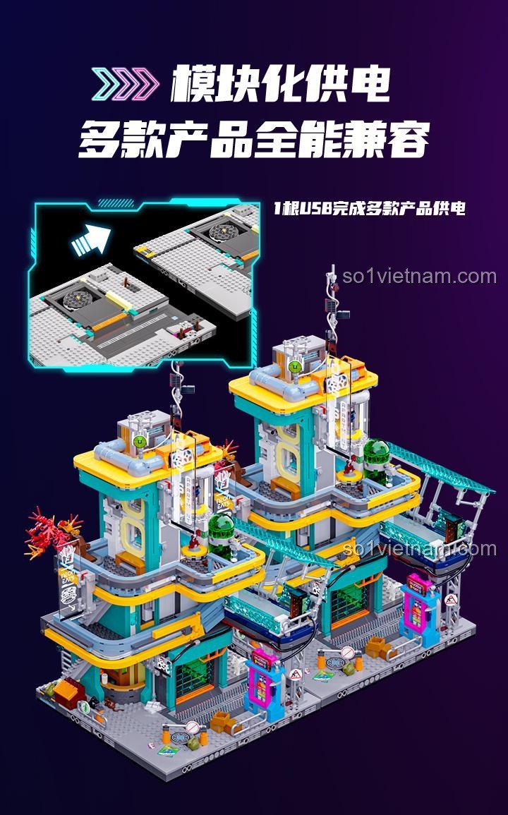 Bộ lắp ghép Tòa Nhà Căn Hộ Ốc Đảo Neon FunWhole F9042 thể hiện công nghệ tương lai và tầm nhìn neon rực rỡ.