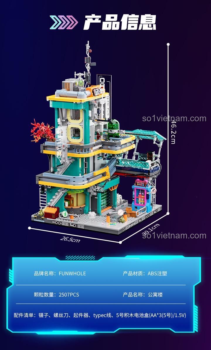 Đồ chơi xây dựng Tòa Nhà Căn Hộ Ốc Đảo Neon F9042 với 7 minifigures, tái hiện câu chuyện cộng đồng cyberpunk.