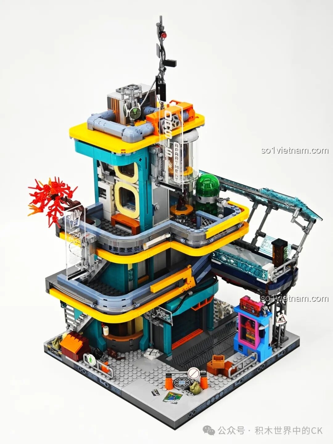 Mô hình FunWhole F9042 Tòa Nhà Căn Hộ Ốc Đảo Neon Thành Phố Cyberpunk từ một góc khác, với đèn LED nổi bật.