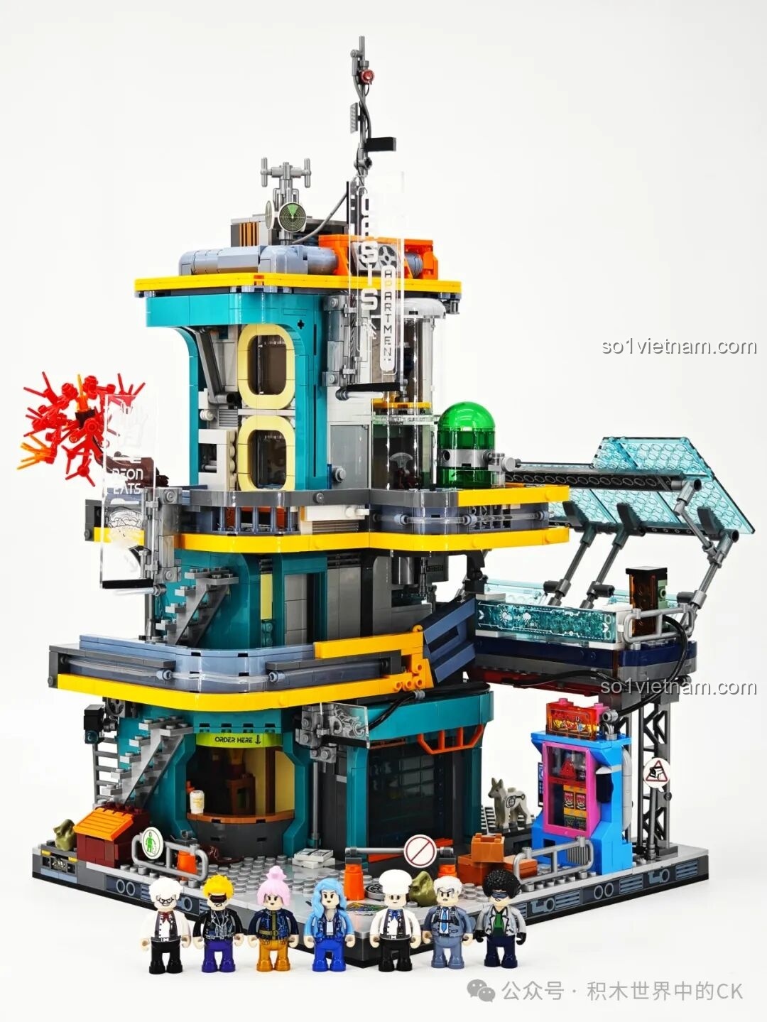 Mô hình FunWhole F9042 Tòa Nhà Căn Hộ Ốc Đảo Neon Thành Phố Cyberpunk từ phía bên, với các chi tiết tường và biển hiệu.