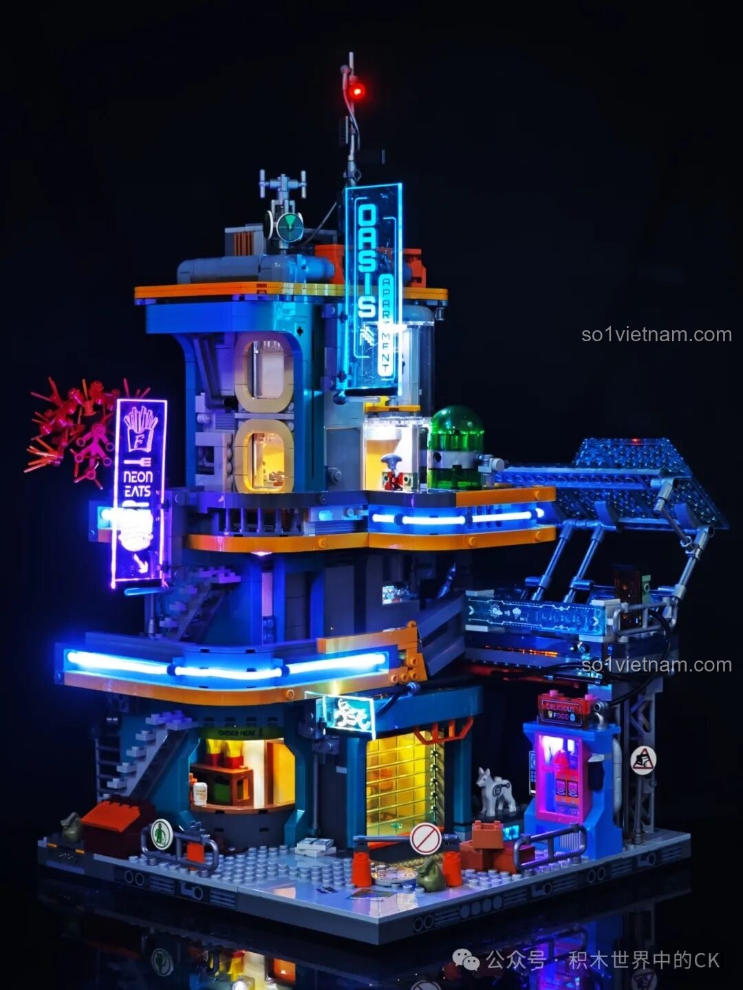 Mô hình FunWhole F9042 Tòa Nhà Căn Hộ Ốc Đảo Neon Thành Phố Cyberpunk từ phía sau, với đèn LED rực rỡ.