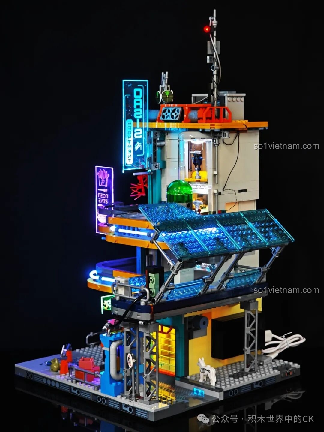 Chi tiết khu vực đường phố của FunWhole F9042 với đèn LED dưới nền và máy bán hàng tự động.