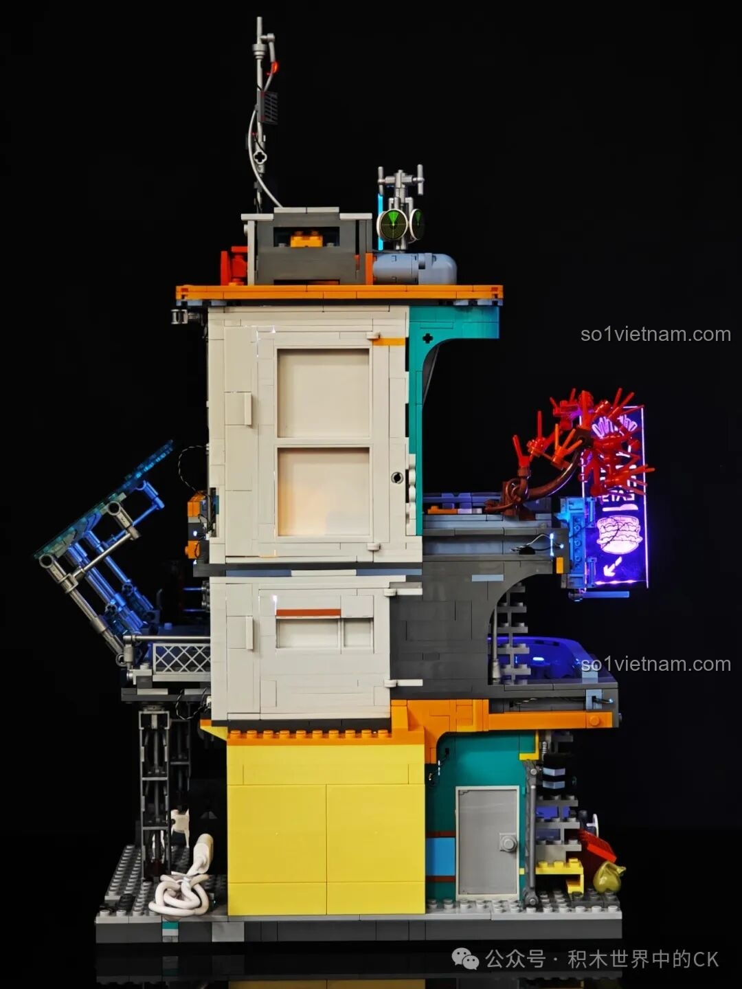 Góc nhìn từ trên xuống khu vực đường phố của FunWhole F9042 với đèn LED và các chi tiết nhỏ.