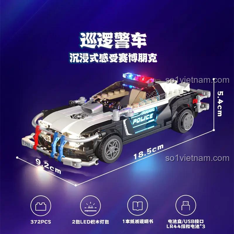 Bộ đồ chơi F9043 Xe Tuần Tra Neon Oasis F 9043 thể hiện kích thước mô hình, số chi tiết 372 mảnh, có đèn LED, cho con trai 16 tuổi.